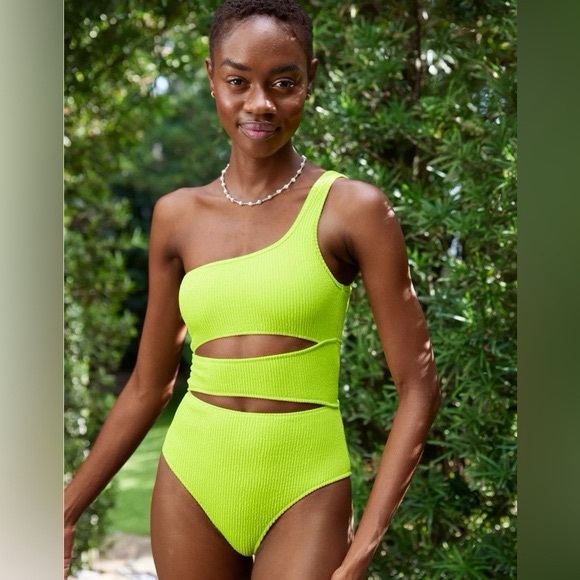 aerie Other - NWOT Aerie Womens XS Yellow/Lime Crinkle Cut Out One Shoulder One Piece Swimsuit